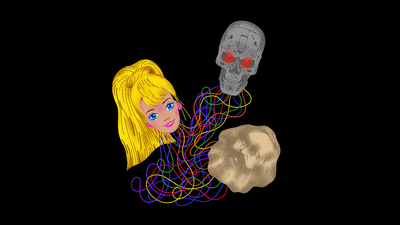 Trois têtes sont reliées par des câbles : Barbie, Terminator et Sigmund Freud