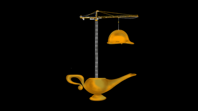 Une grue de chantier sortant d'une lampe d'Aladin.