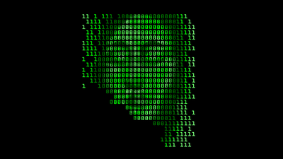 Un visage de femme vert dessiné en code du système binaire.