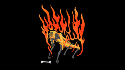 Un chien robot aux cornes de diable, entouré de flammes.