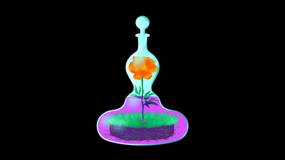 Dans une fiole remplie à moitié d'eau, un morceau de terre avec une fleur qui pousse au centre.