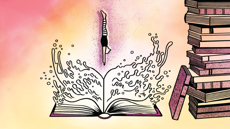 Illustration d'une femme plongeant dans un livre dont les pages sont des vagues d'eau