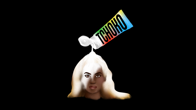 Un produit cosmétique coule sur le visage d'une femme noire (la star Beyonce), lui décolorant les cheveux et le visage.